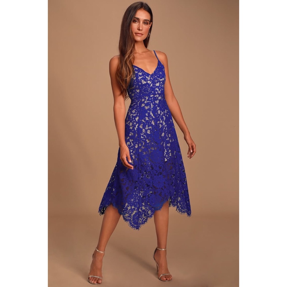 Lulu's One Wish Royal Blue Lace Midi Dress